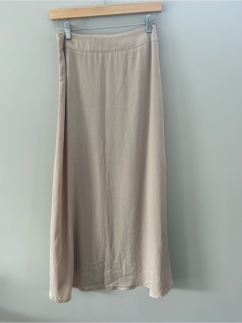 Oak + Fort Satin Asymmetrical Nude Beige Lightweight High Waisted Midi Skirt - Picture 3 of 5